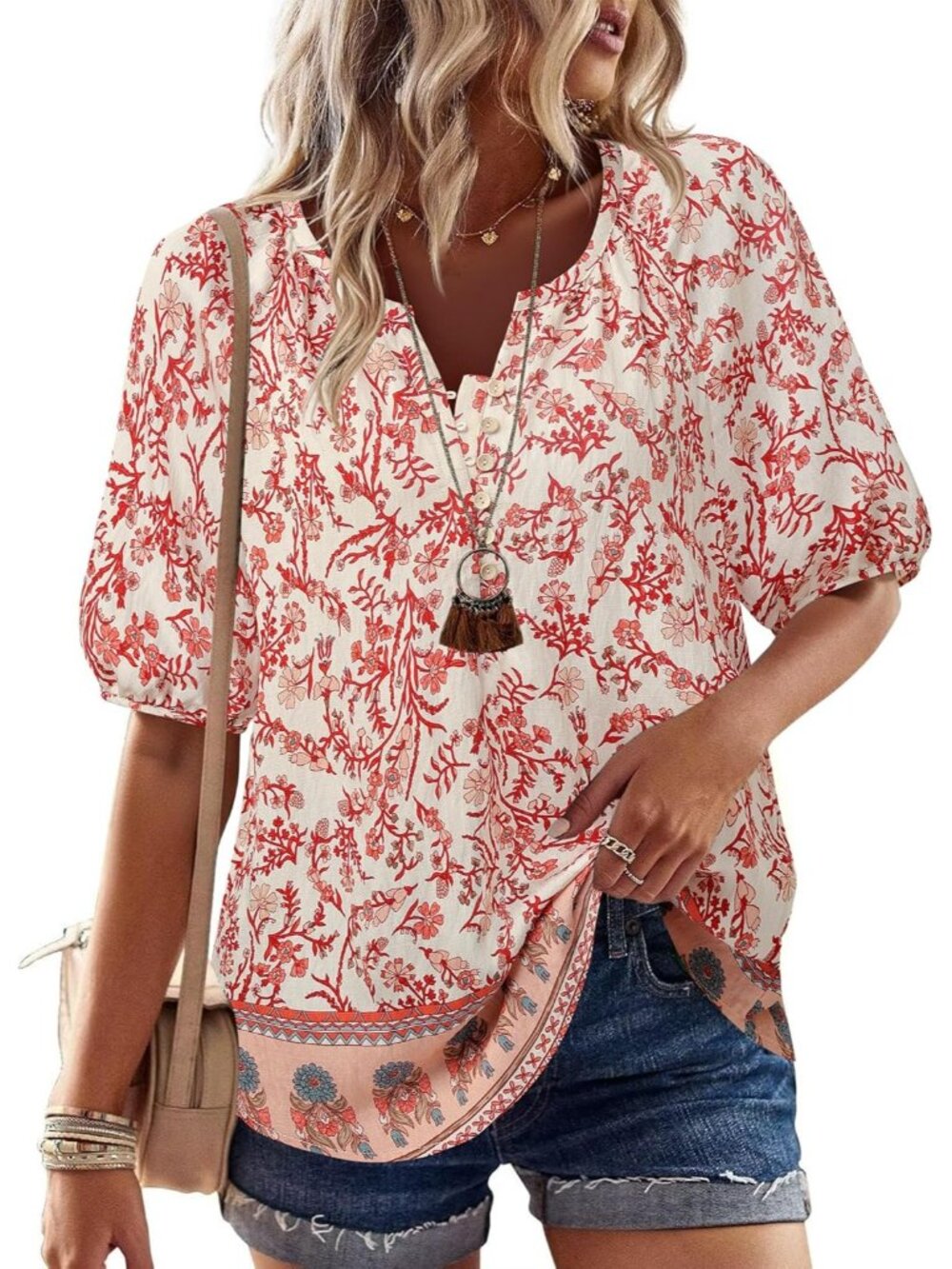 Women's Multi Red Summer Tops V Neck Short Sleeve Blouses Casual Button Down